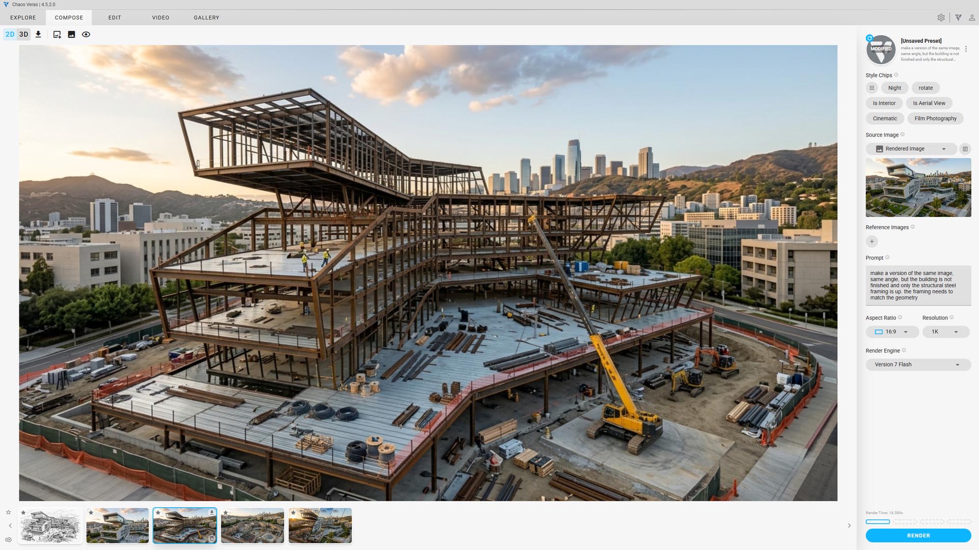 Veras が生成した、建設途中の建物の鉄骨構造フレームを示す画像