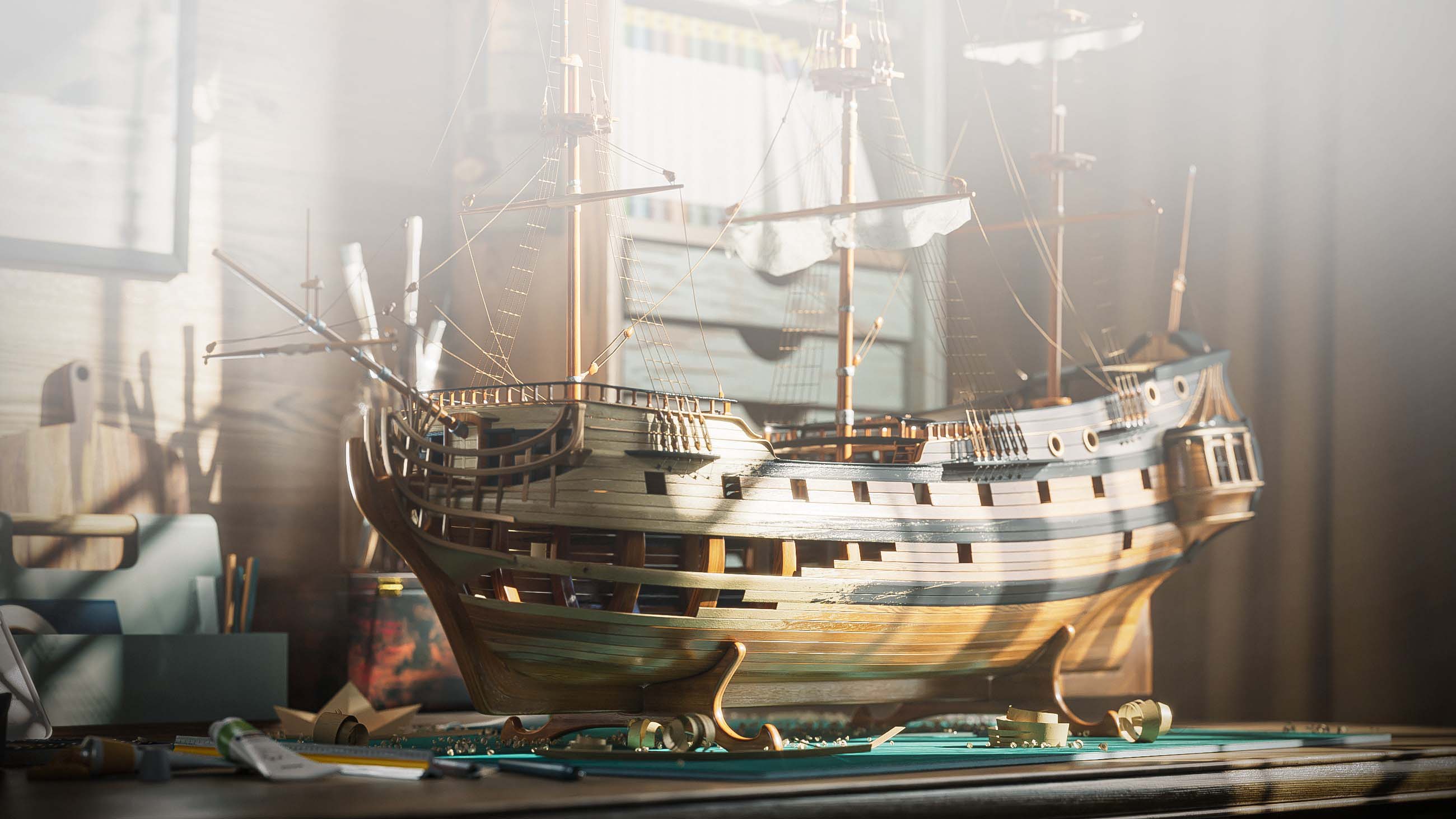 陽の差し込む作業台の上で製作中の木製模型船を描いた精密な V-Ray レンダリング