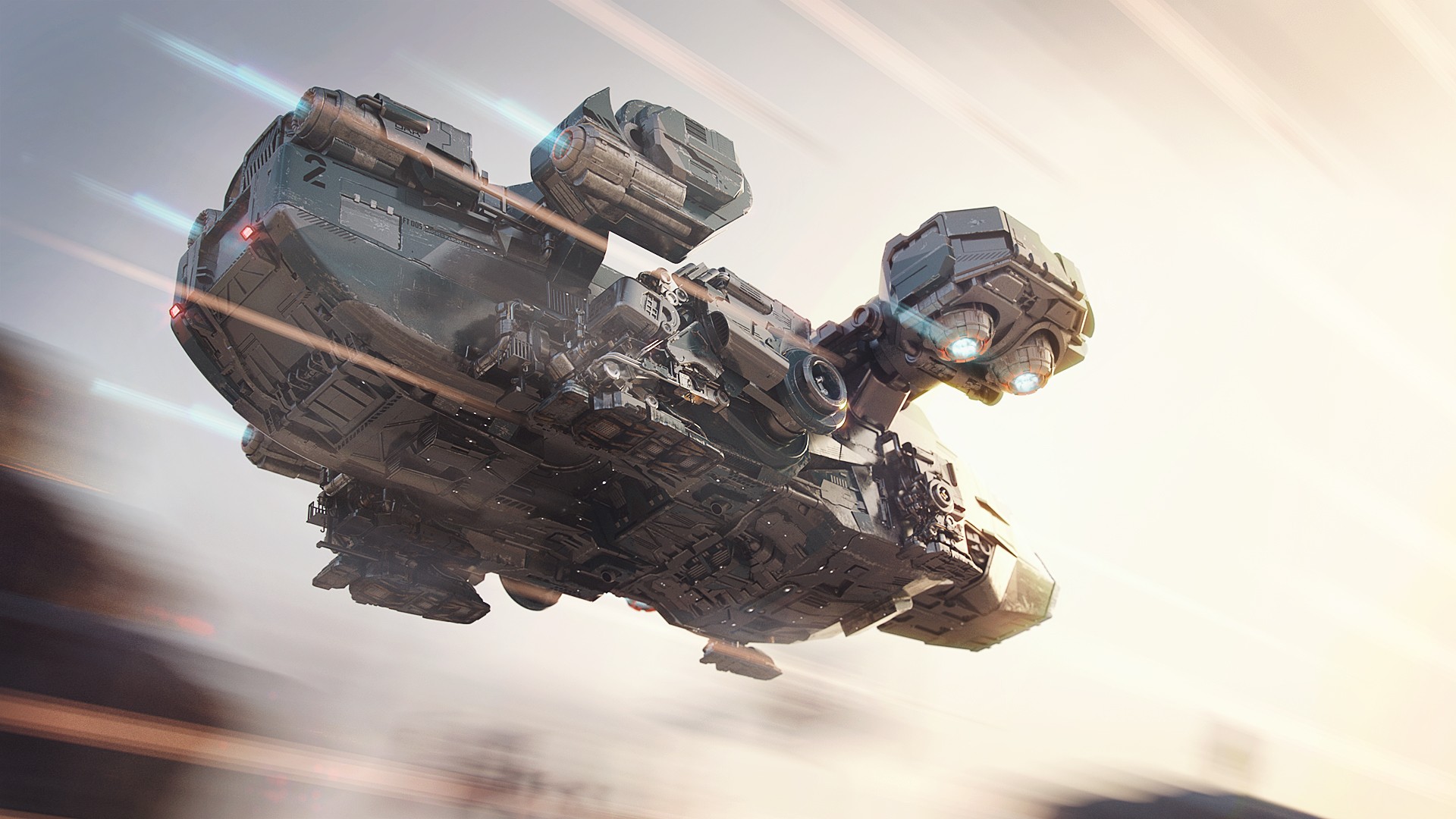 明るい大気の中を飛行する精密な SF 宇宙船の V-Ray レンダリング