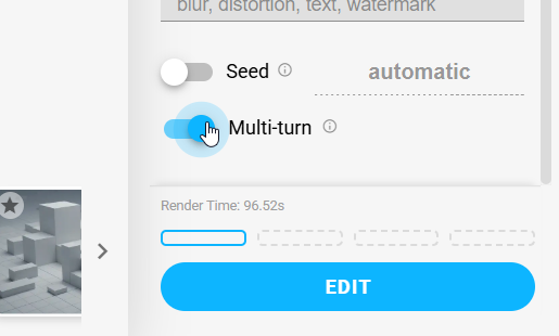 Seed と Edit ボタンの隣で Multi-turn トグルが有効になり、レンダリング時間が表示された Veras の UI