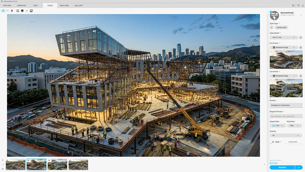 Veras のタイムラプス動画レンダーで、タワークレーンを備えた建設中の建物を示す様子