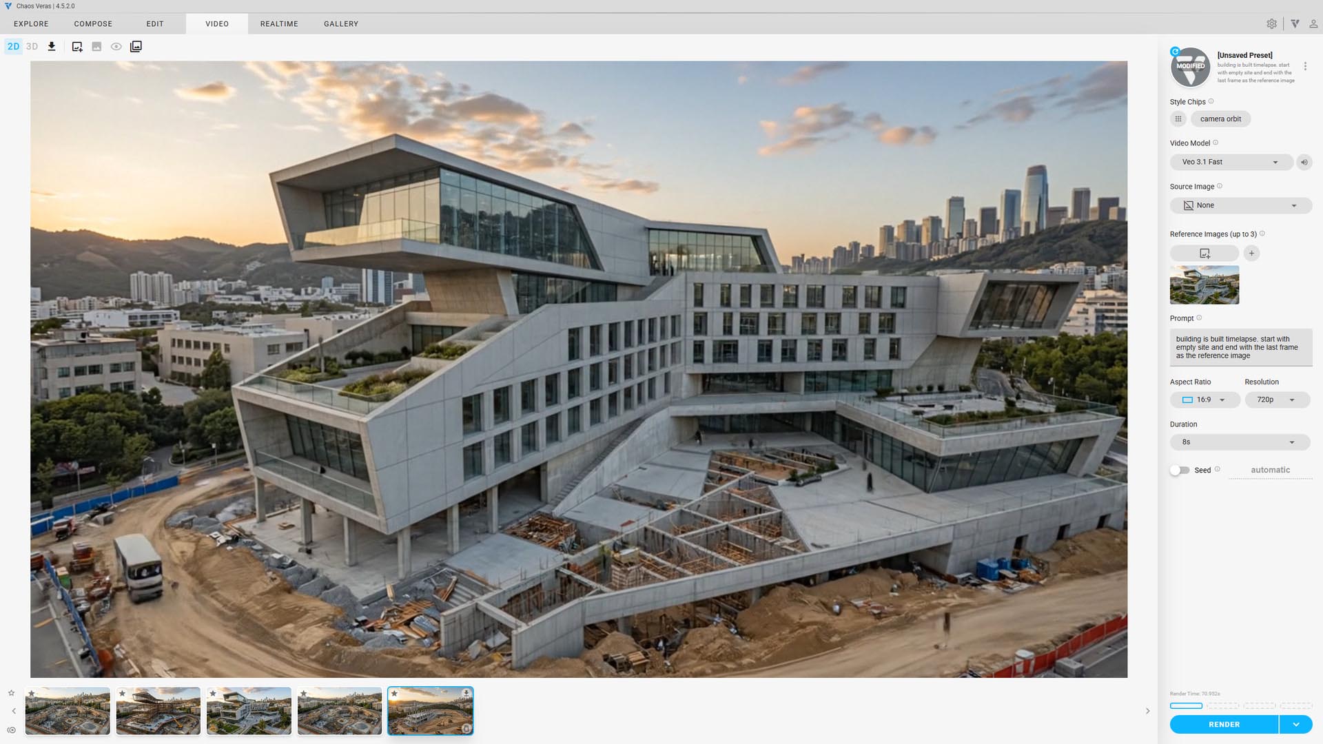 Veras の動画タブで、参照画像を使い建物の建設タイムラプス全体を生成している様子